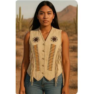 Bikers Apparel 2XL leather cream fringe vest epaulette beaded NWT button up boho